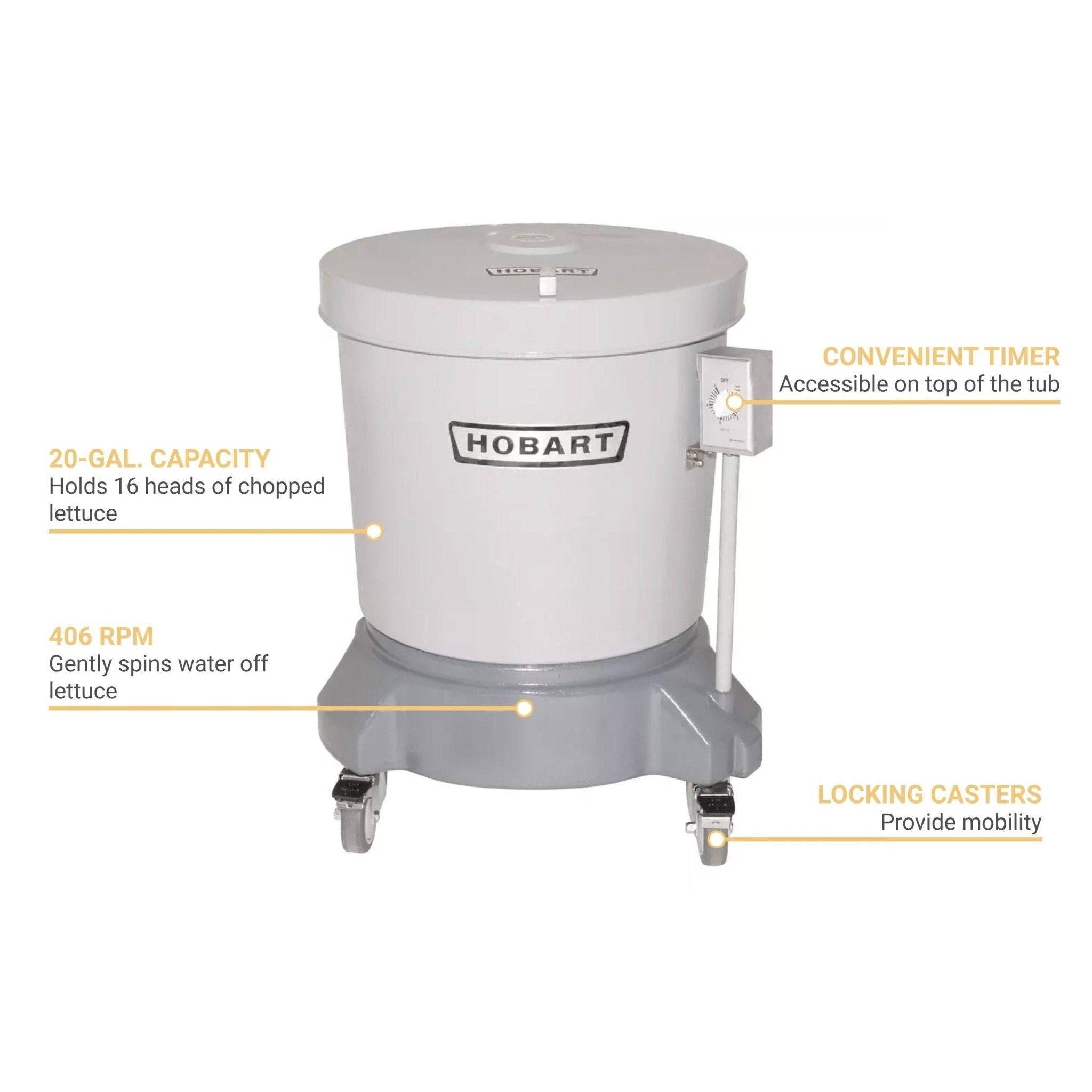Hobart SDPE-11 Commercial Electric Polyethylene 20-Gallon Salad Dryer with 0.25 HP Power and 115V Voltage