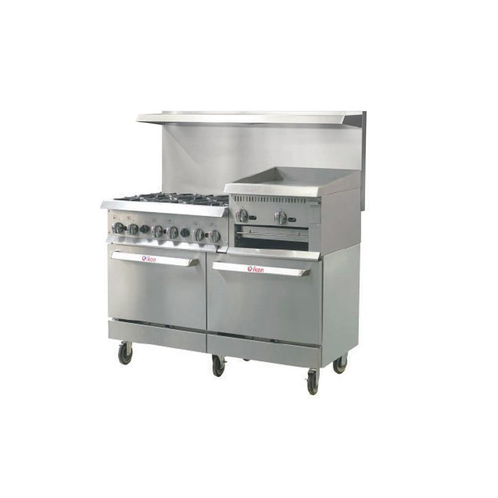 Ikon IR-6B-24RG-60 60-Inch Natural Gas 6-Burner Professional Range with 24-Inch Raised Broiler - Total 306,000 BTU Output