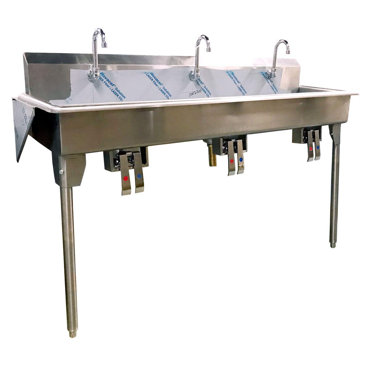 Nella 60-Inch Three-Station Commercial Trough Hand Sink with Knee-Operated Pedals and Gooseneck Spouts for Hands-Free Use